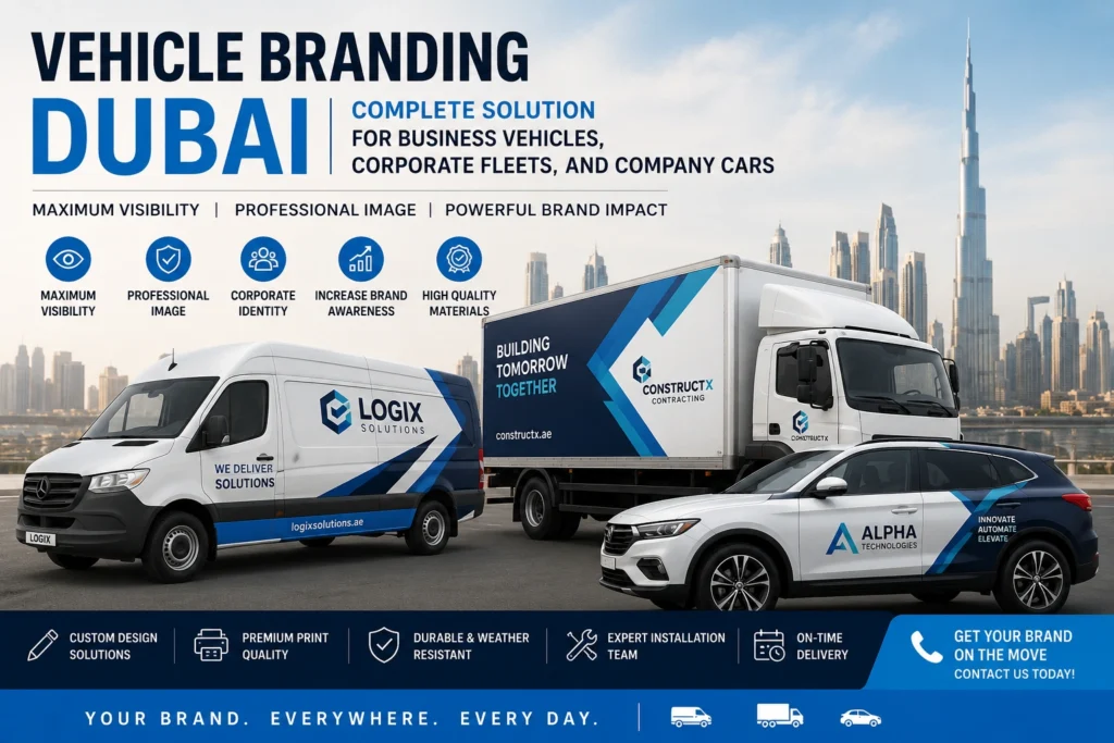 Vehicle branding Dubai for business vehicles, corporate fleets and company cars with custom vinyl wraps and professional branding solutions