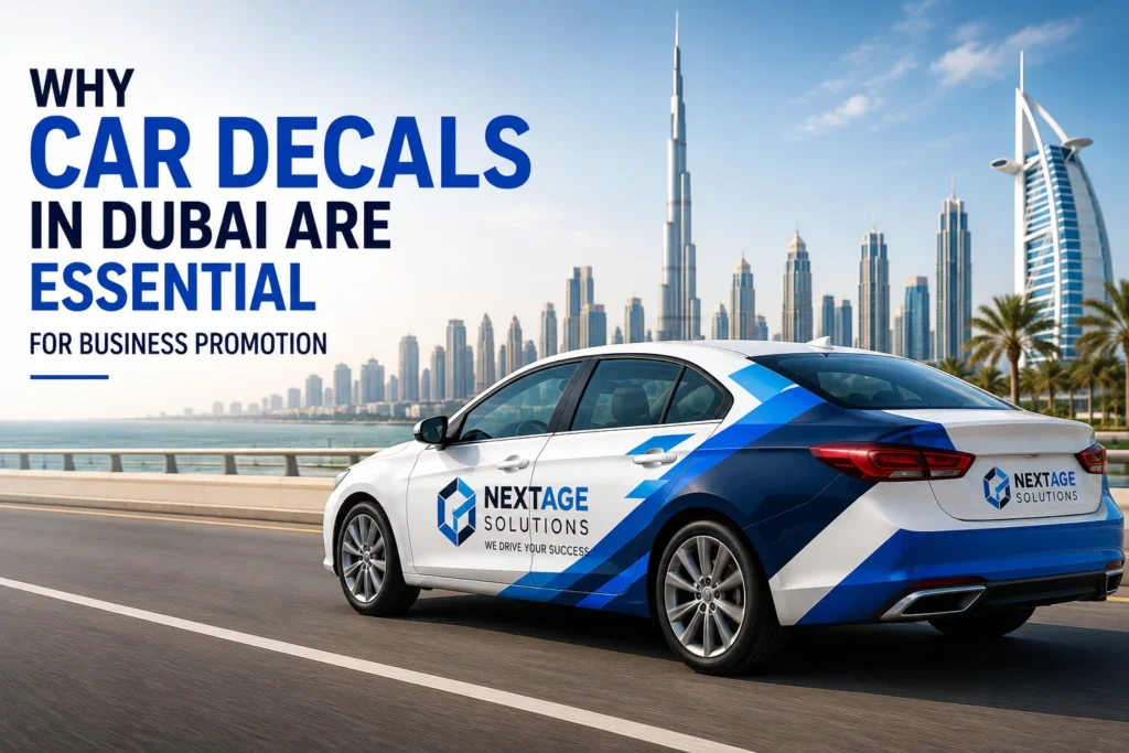 Car decals on a branded business vehicle in Dubai.