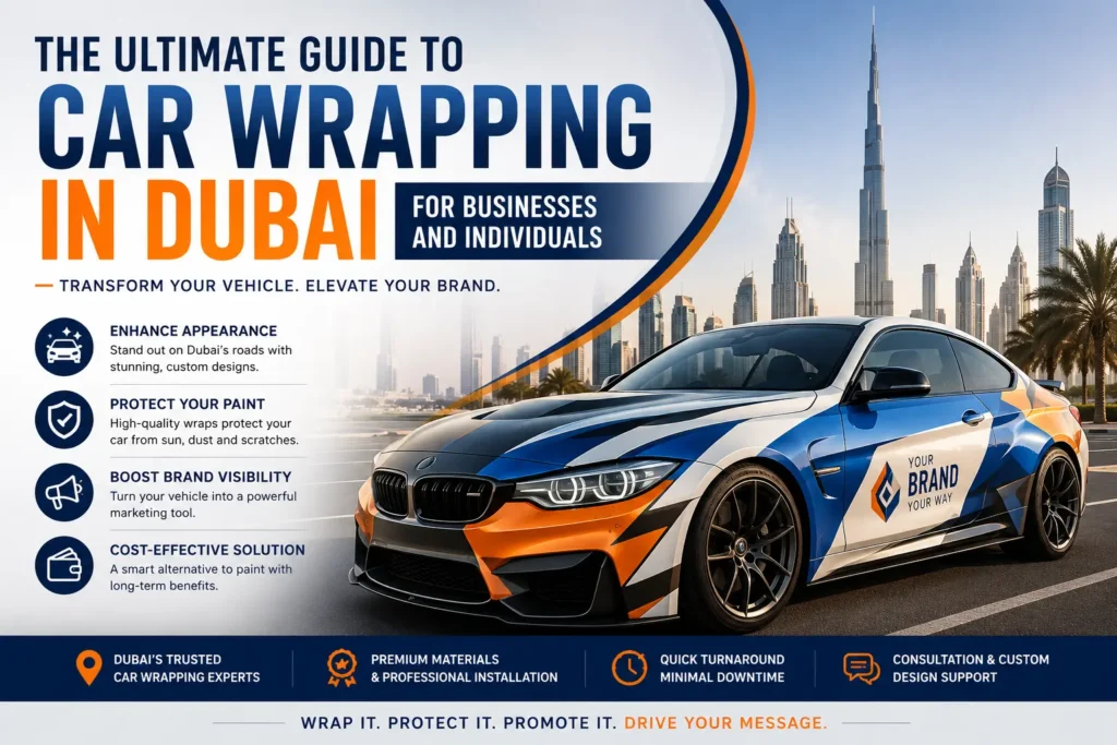 Car wrapping in Dubai with custom vehicle graphics for business branding and personal car customization
