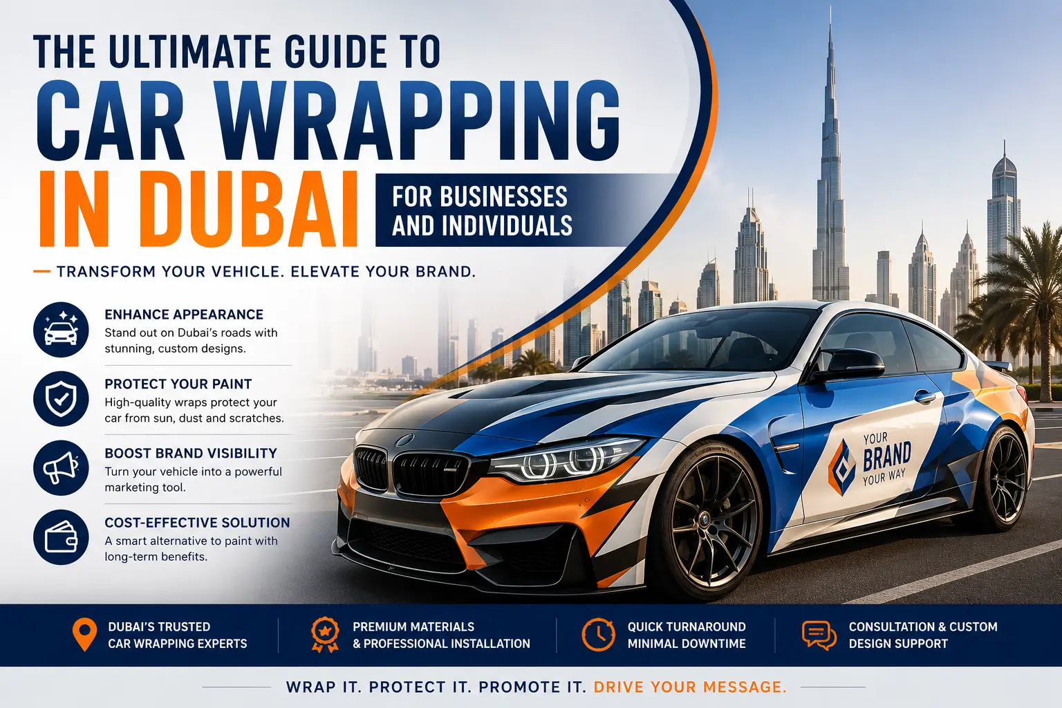 Car wrapping in Dubai with custom vehicle graphics for business branding and personal car customization