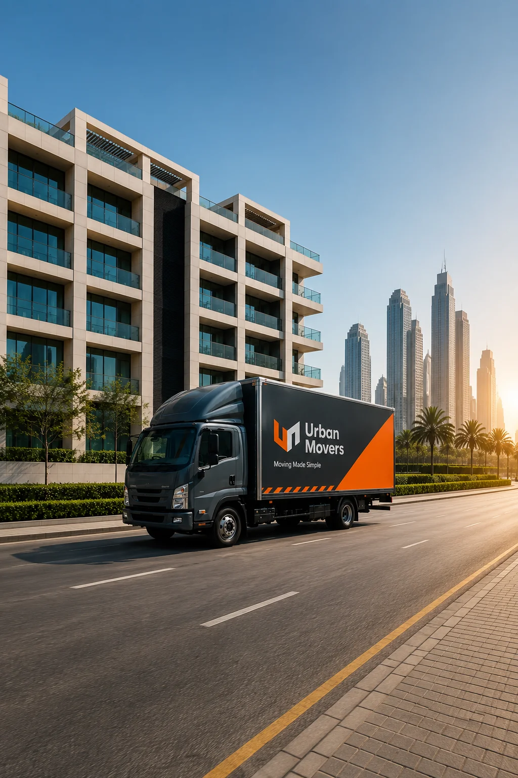 Truck branding Dubai with custom vinyl graphics, company logo, and commercial vehicle advertising wrap.